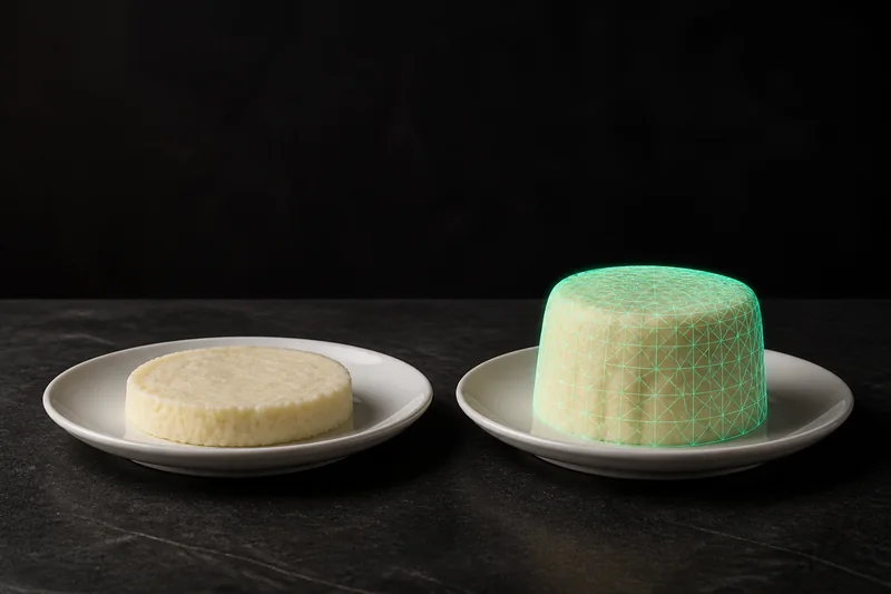 The same two plates from the side — the right, taller portion carries the glowing volume mesh.