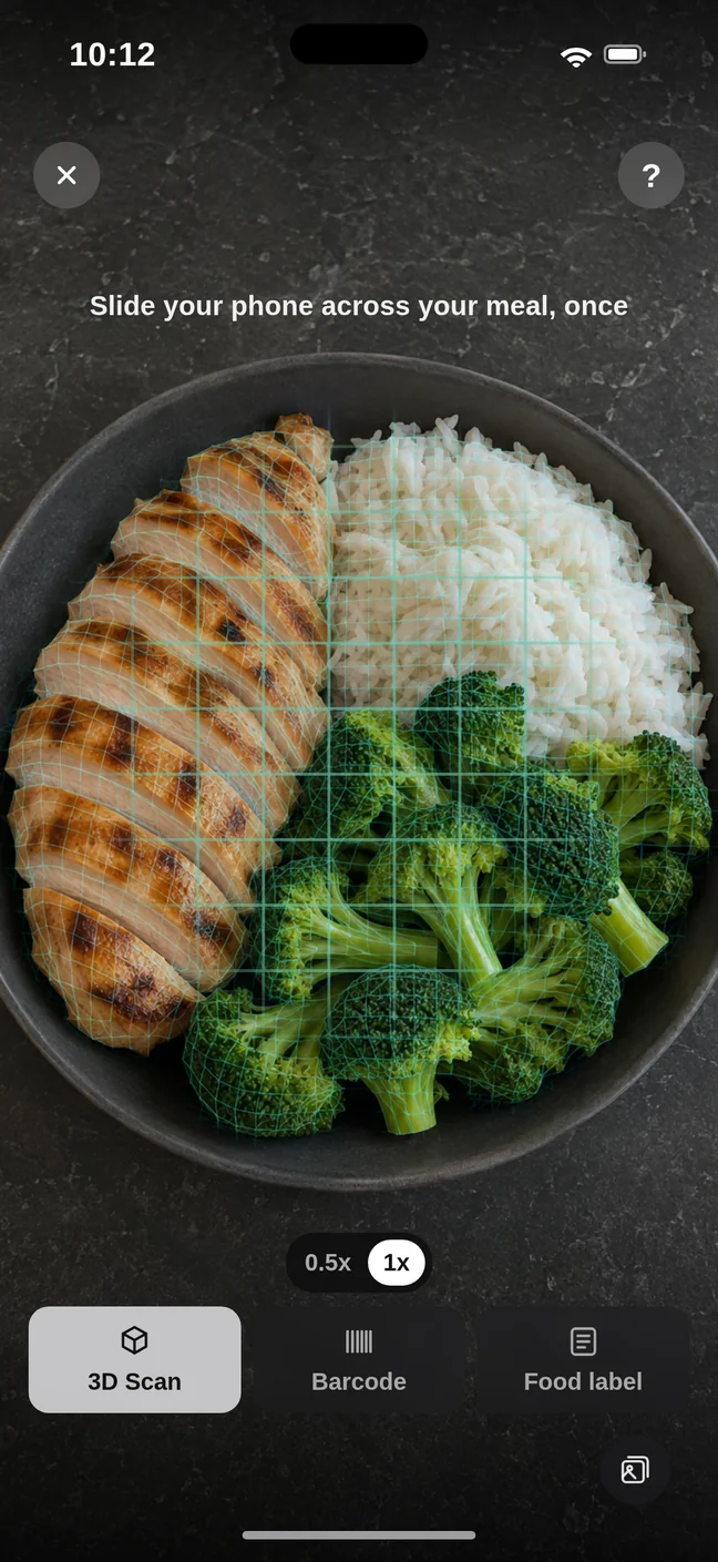 The Cal 3D 3D-scan view on iPhone: seen from above, a bowl of golden grilled chicken, white rice and green broccoli, with a fine teal measuring grid laid over the food, the hint "Slide your phone across your meal, once", and the 3D Scan, Barcode and Food label modes.